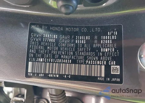 2018 Honda Civic Ex-L из США, поврежденный, VIN JHMFC1F81JX034038